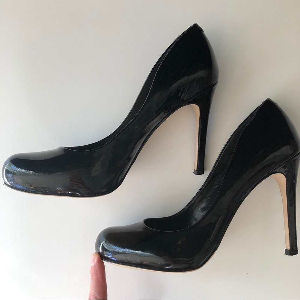 Dune Black Round Toe Parent Leather Stiletto Heels